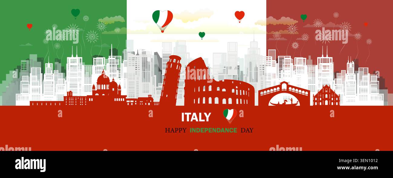 Reise Wahrzeichen Jubiläum Italien Tag mit Silhouette Architektur Hintergrund, Italien republik Jubiläum Feier und Tour Architektur Landm Stock Vektor