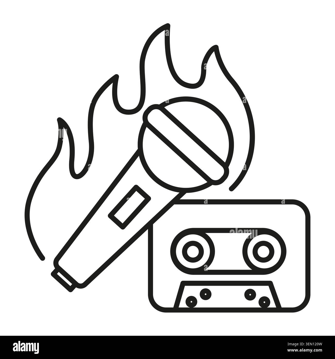 Mikrofon Feuerkassette Band Retro Vektor Symbol mit Hot Track Musik Vintage Konzept. Highlights brennender Hit Audioaufnahme Nostalgie Design. Stock Vektor