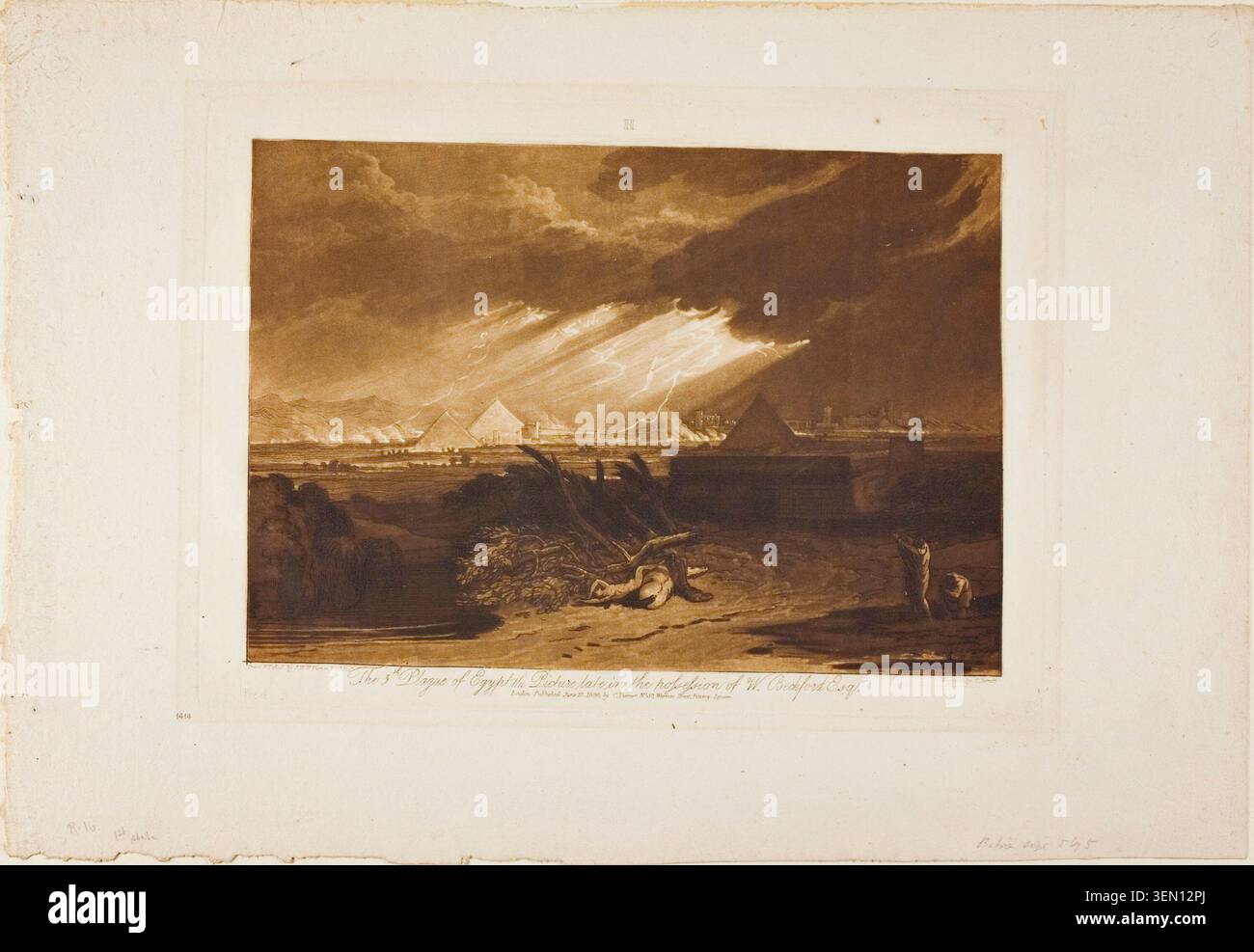 Die fünfte Pest Ägyptens von Joseph Mallord William Turner, 1808, zeigt das göttliche Urteil durch Hagel und Blitze, die Ägyptens Landschaft und Siedlungen treffen Stockfoto