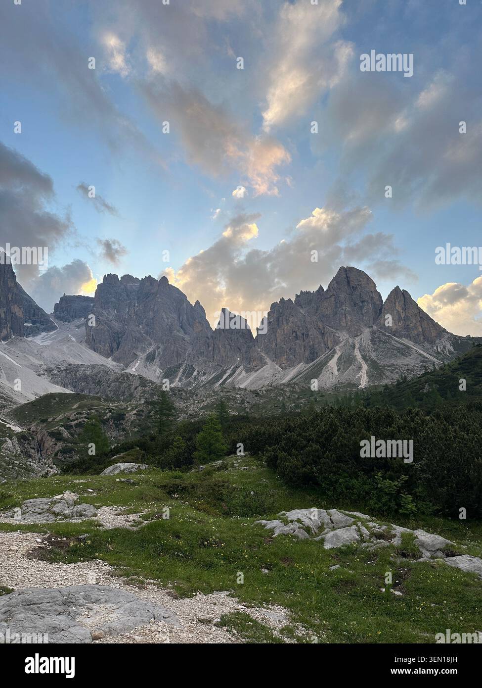 Ein gezacktes alpines Amphitheater erhebt sich hinter grünen Wiesen und dunklem Wald unter einem strahlenden, wolkenverhauchten Himmel. - Smartphone-aufgenommenes Stockfoto