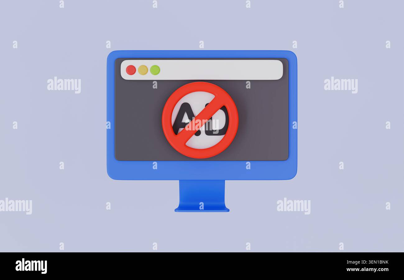 3D-Illustration für Ad-Blocker aus Webbrowser Stockfoto