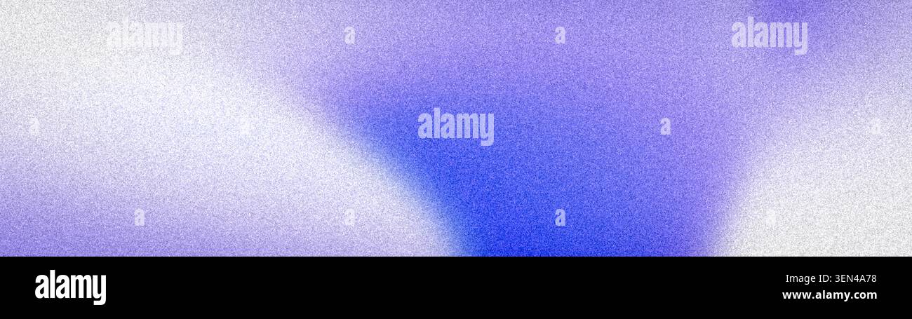 Abstrakter breiter körniger Hintergrund mit verschwommenen Übergängen von Blau, Violett und weiß. Minimalistisches Rauschen, ideal für Banner, Tapeten und Stockfoto