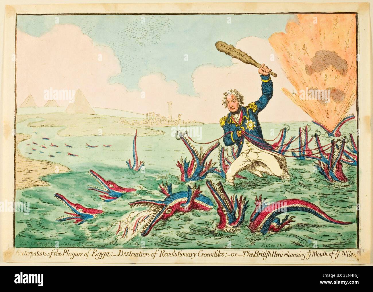 Extirpation of the Plagen of Egypt; Destruction of Revolutionary Crocodiles von James Gillray, veröffentlicht am 6. Oktober 1798. Er zeigt einen uniformierten Militäroffizier, der mit einem Teleskop fantastische Krokodile im Nil trifft, wobei ägyptische Pyramiden und Denkmäler in der fernen Landschaft sichtbar sind Stockfoto