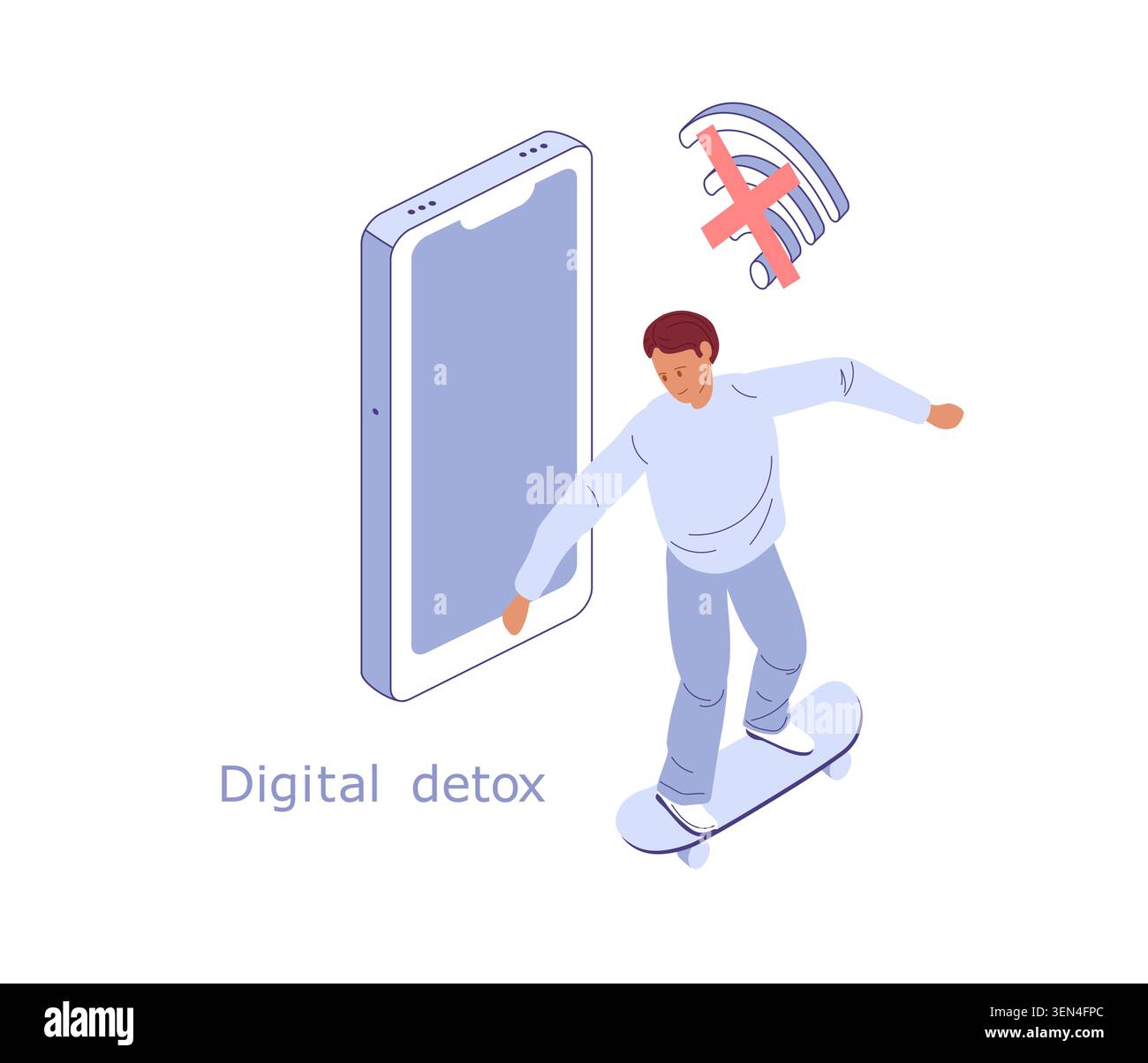 Wi-Fi ausgeschaltet. Mann, der Skateboard fährt. Isometrische Vektor-Illustration mit Telefon für digitales Break-Banner, Offline-Lifestyle Stock Vektor