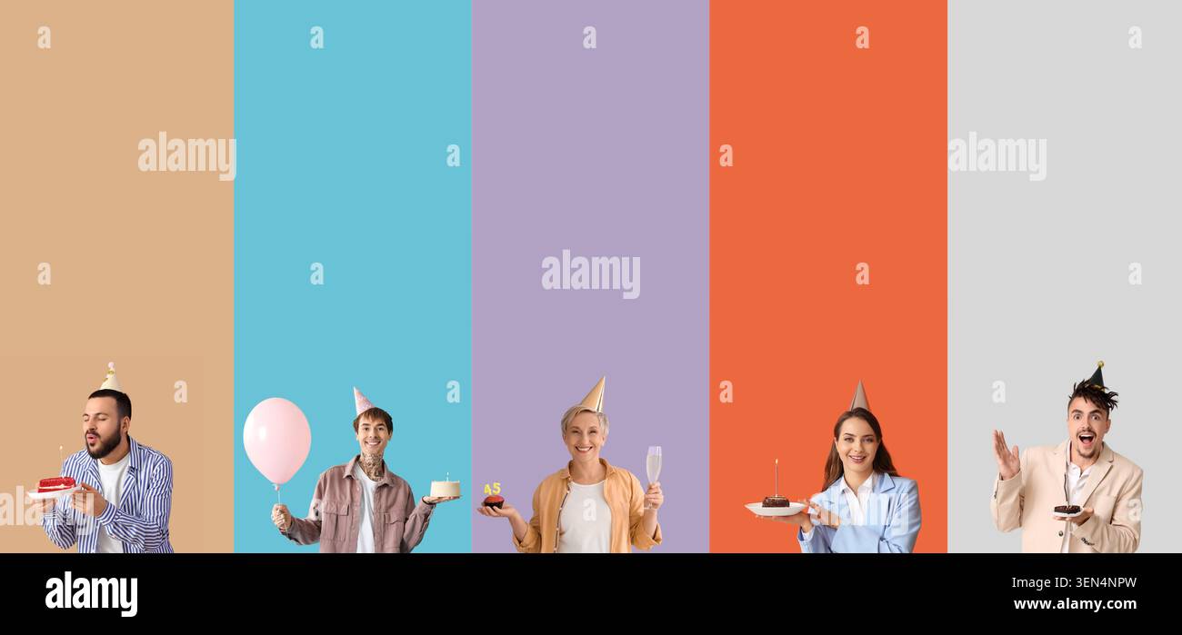 Vielfältige Gruppe von Menschen, die Geburtstage mit Kuchen und Ballons auf farbenfrohen Hintergründen feiern Stockfoto