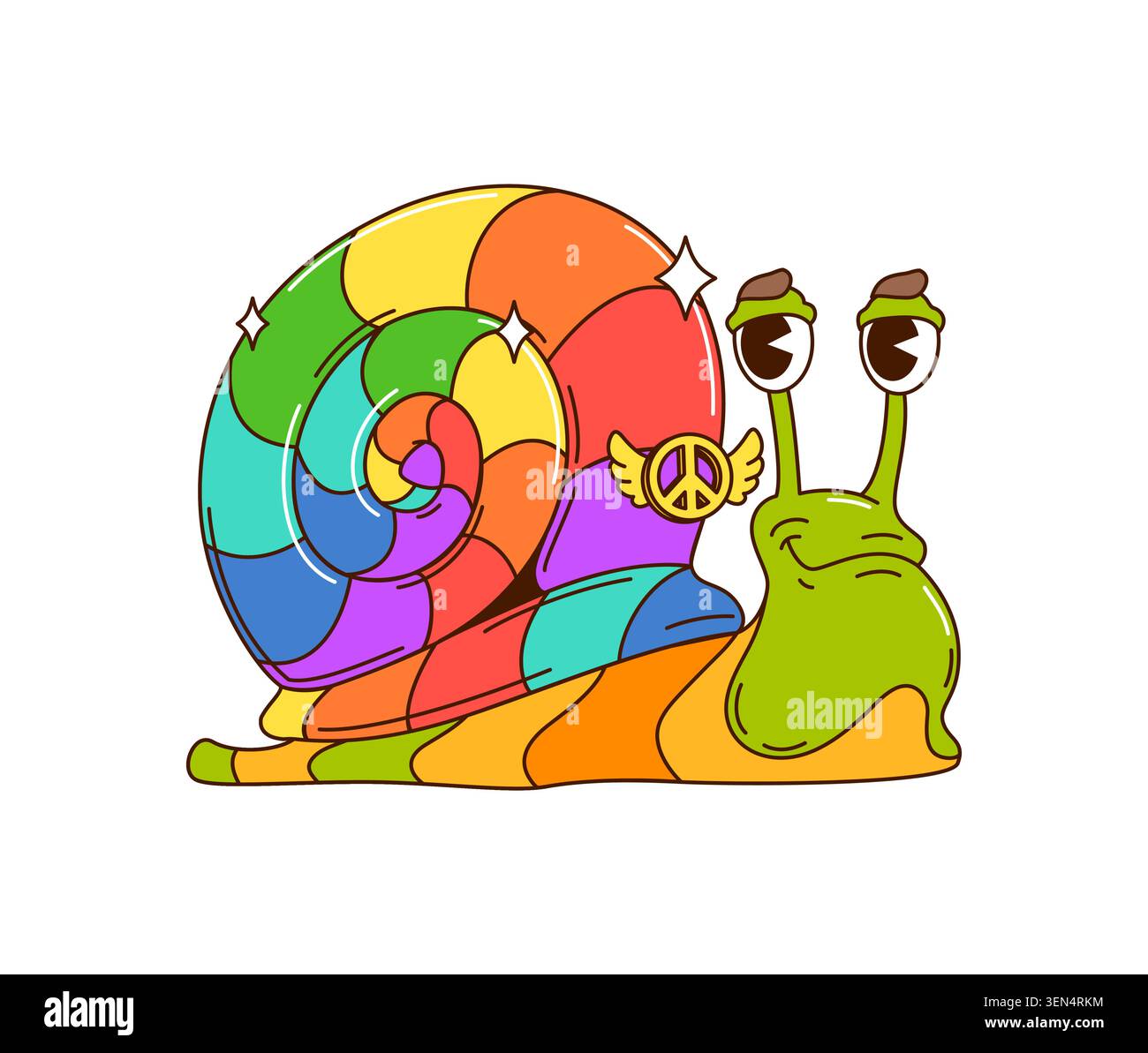 Groovige Regenbogenschnecke oder Hippie-Zeichentrickfigur Stock Vektor