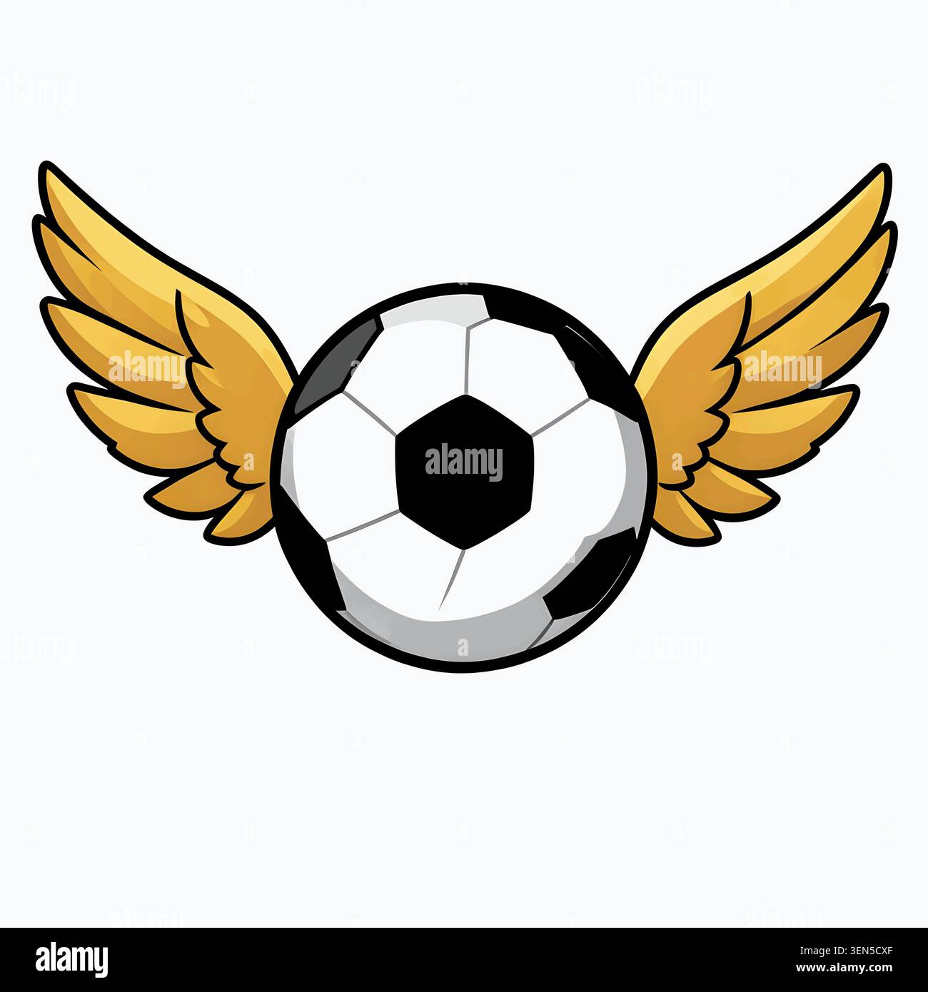 Fliegende Fußballkugel mit goldenen Flügeln, die Geschwindigkeit, Sieg und Wettkampf darstellen. Ideal für Logo, Schilder, Etiketten, Aufkleber, Stempel, Taste Stock Vektor
