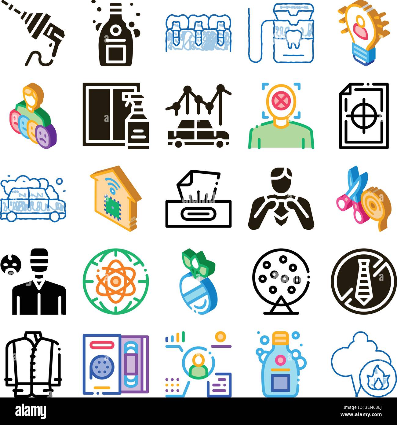 Flaches und isometrisches Symbolset für Technik, Smart Home, Automobil, Zahnmedizin, Gesundheit, Reinigungs-, Analyse-, Wissenschafts- und Lifestyle-Konzepte für vielseitige d Stock Vektor