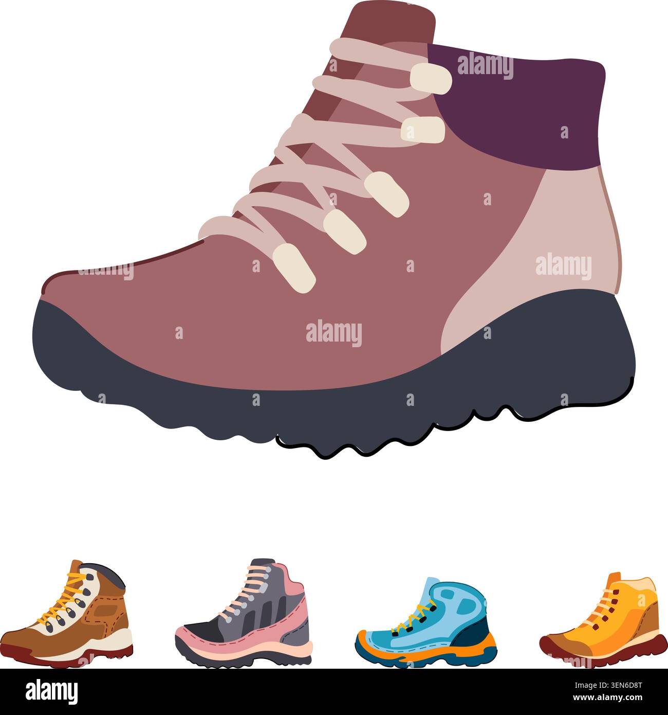 Sammlung von verschiedenen bunten Wanderschuhen und Wanderschuhen, die verschiedene Stile von Schuhen für Outdoor-Entdeckungen, Abenteuer und Comf veranschaulichen Stock Vektor