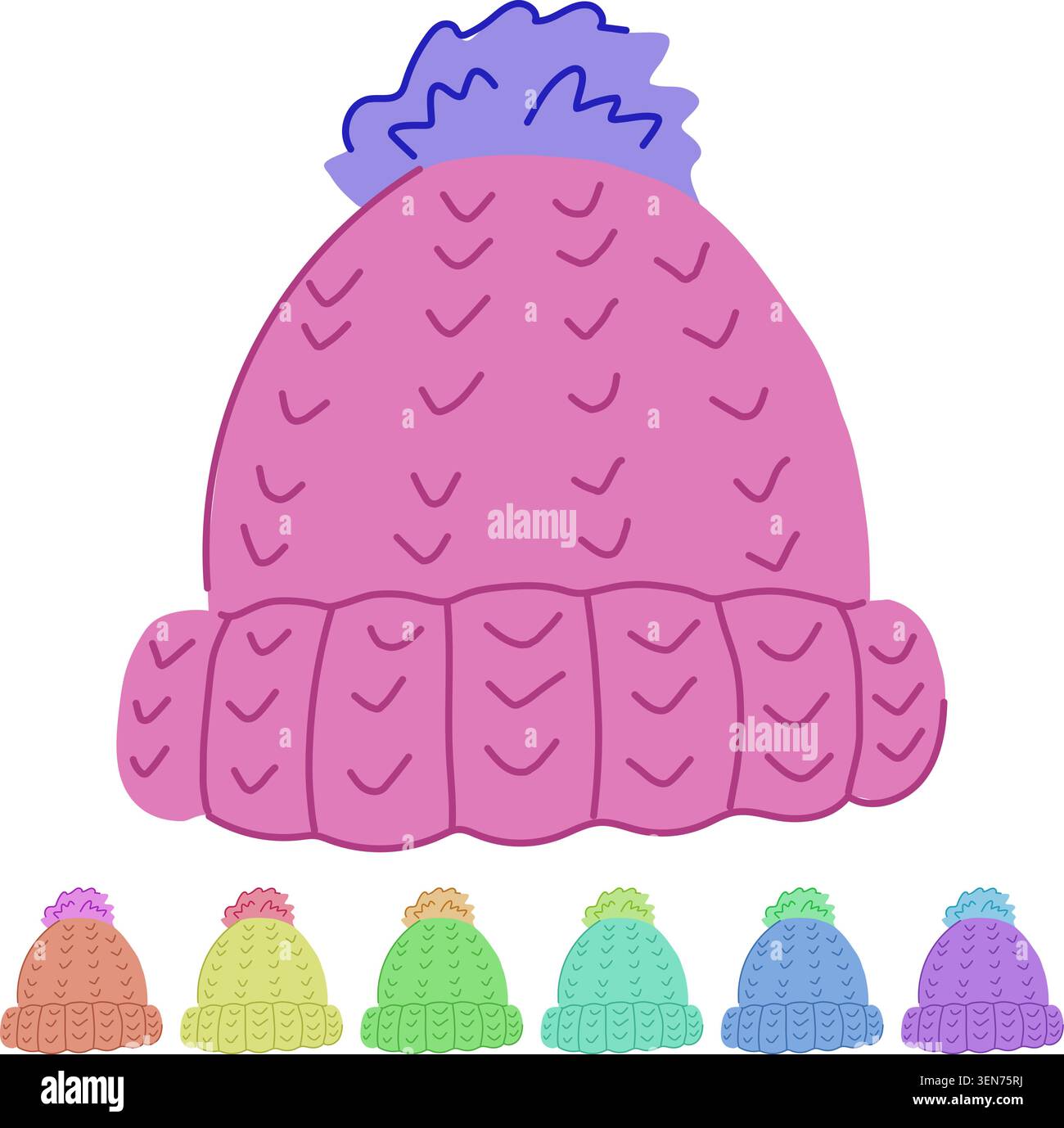 Cartoon mit Pompon-Wintermütze. Slouchy gerippt, grobe Wolle, Fleece Alpaka Pompon Winter Hut Strick Zeichen Vektor Stock Vektor