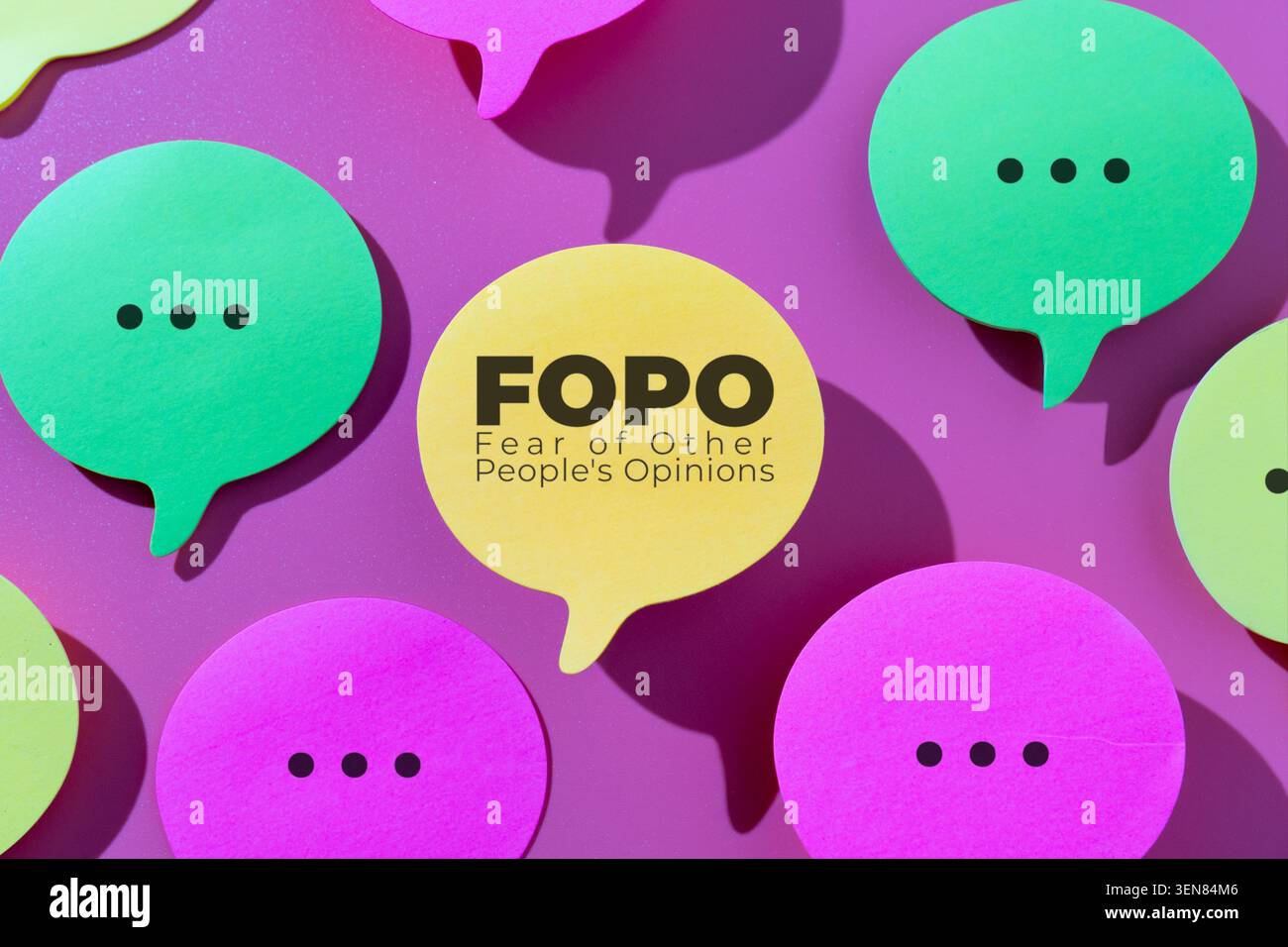 Eine Sprechblase mit Text FOPO Angst vor den Meinungen anderer Menschen. Soziale Angst, Peer-Druck, Bewusstsein für psychische Gesundheit. Stockfoto
