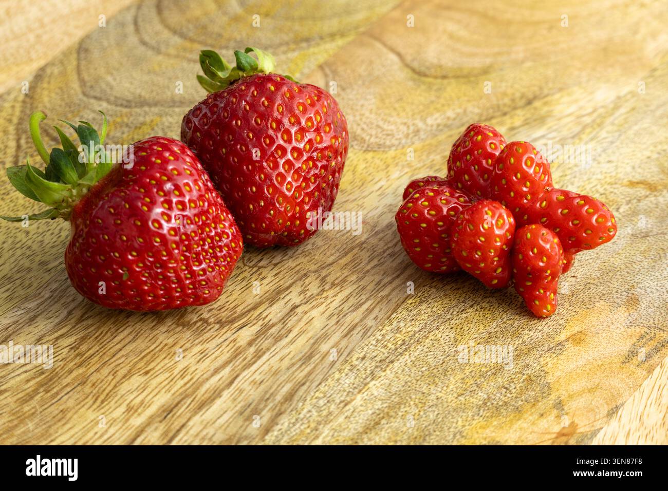 Normale Erdbeeren und lustige Erdbeeren auf einer Holzoberfläche Stockfoto