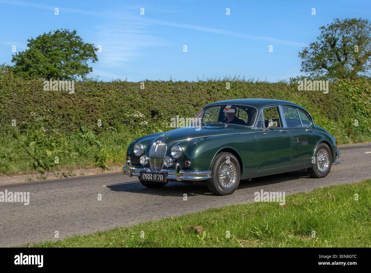 Grün geschwungene Karosserien der 1964 60er Jahre, ein markanter Kühlergrill aus Chrom, Stoßfänger aus Chrom, Jaguar Mk II Benzinmotor mit 3781 ccm, Hochleistungs-britischer Klassiker, 3,8 Liter Luxusmotor. Stockfoto