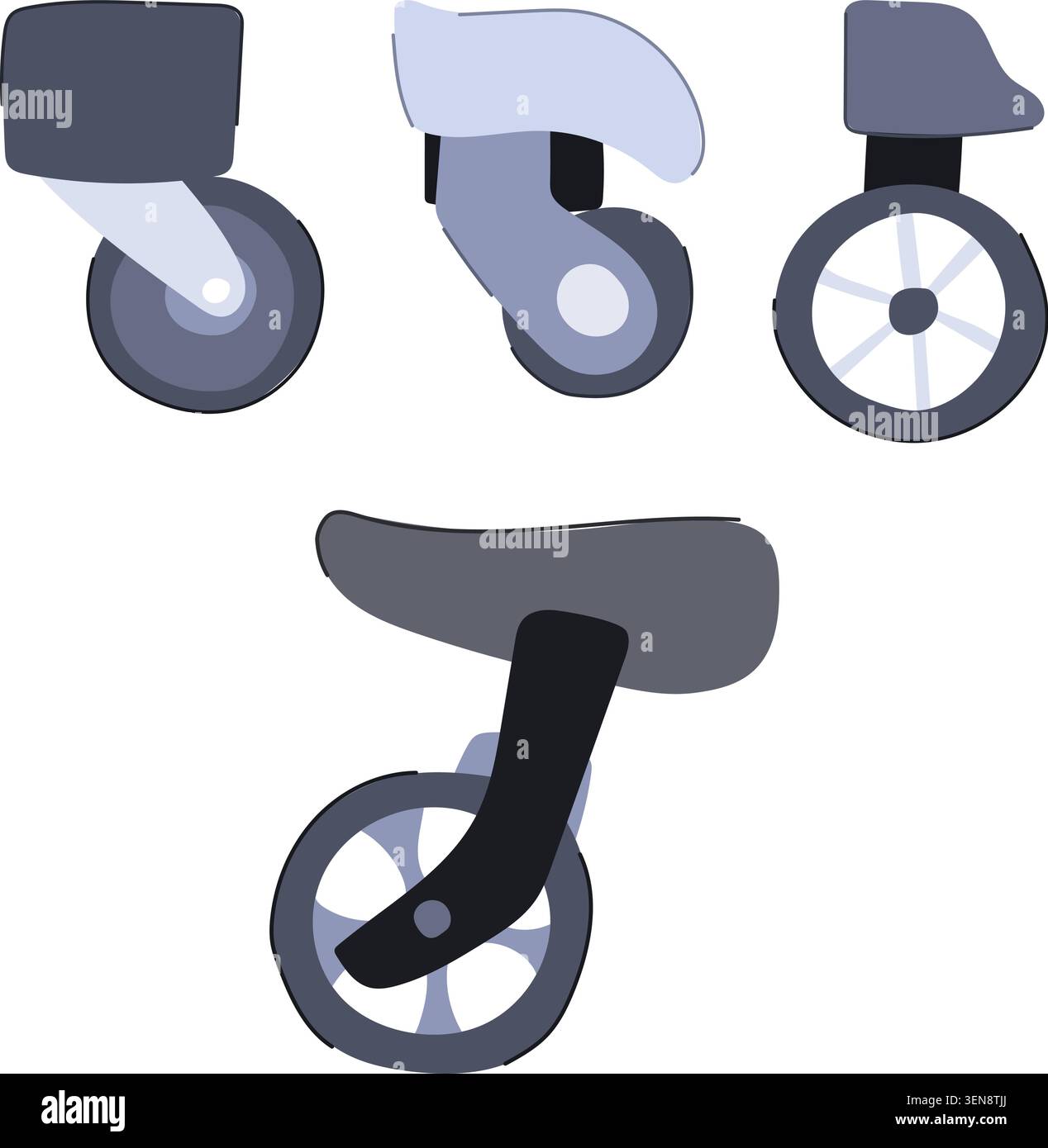 Mehrere Gepäckräder und -Rollen auf weißem Hintergrund, die eine reibungslose, dauerhafte Mobilität und eine einfache Beförderung von Koffern und Gepäck auf Reisen veranschaulichen; Stock Vektor