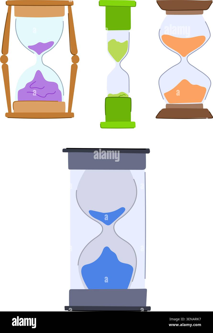 Verschiedene Sanduhr-Designs messen die Zeit mit farbenfrohem Sand und Flüssigkeit und symbolisieren Termine, Dringlichkeit und den kontinuierlichen Fluss von Momenten in Produkten Stock Vektor