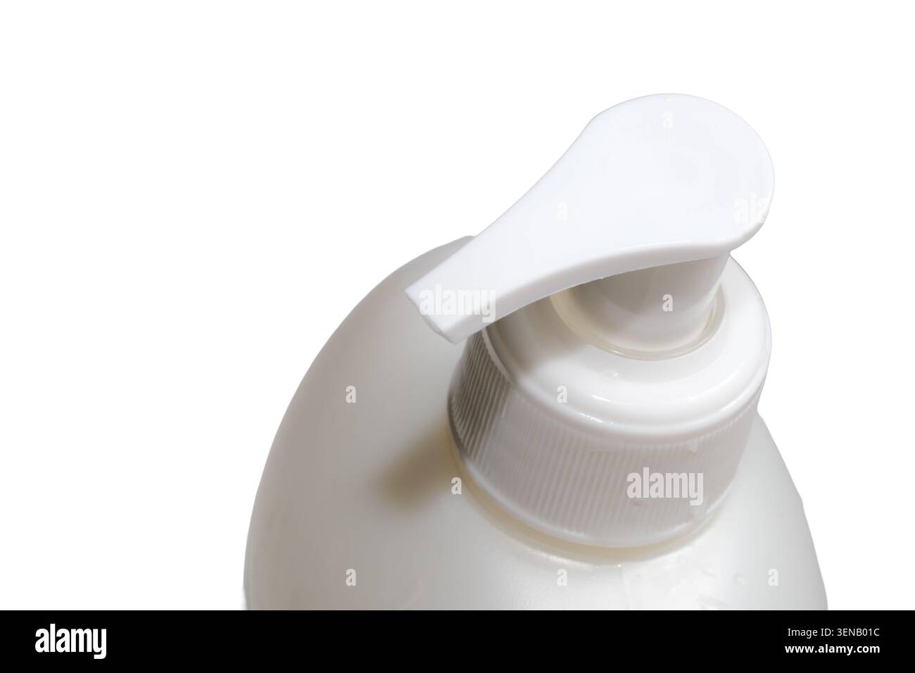 Eine glatte weiße Pumpflasche wartet darauf, in jeder Umgebung cremige Lotion oder Seife zu verteilen. Stockfoto