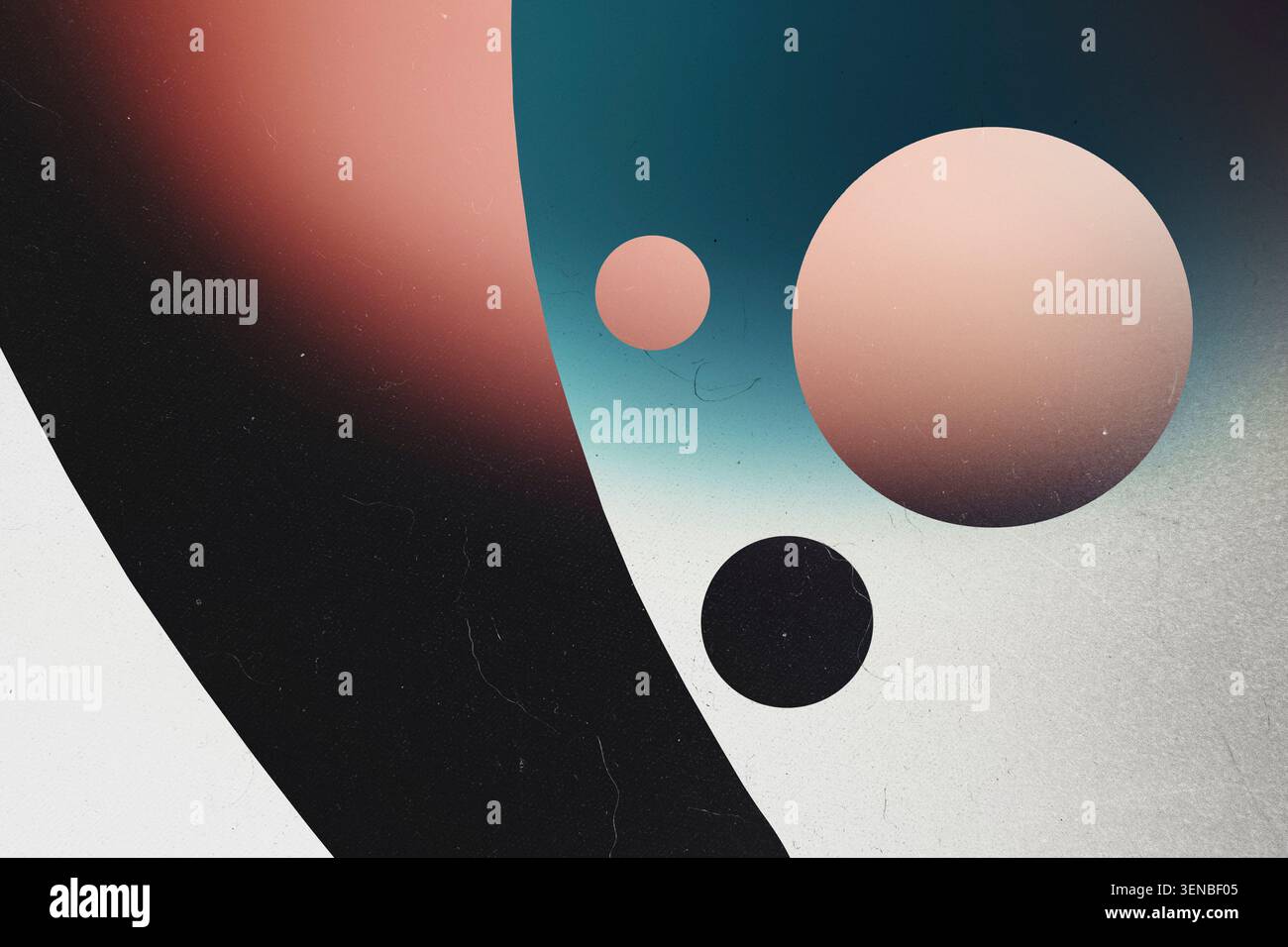 Abstrakte Raumkomposition mit geometrischen Kreisen und blaurosa Farbpalette auf dunklem Hintergrund Stockfoto