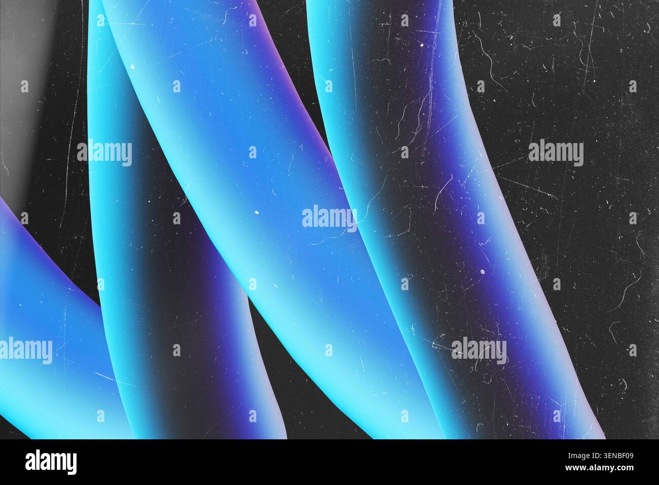 Neonblau Diagonalröhren abstrakter Hintergrund mit Grunge Film Texture Overlay Stockfoto