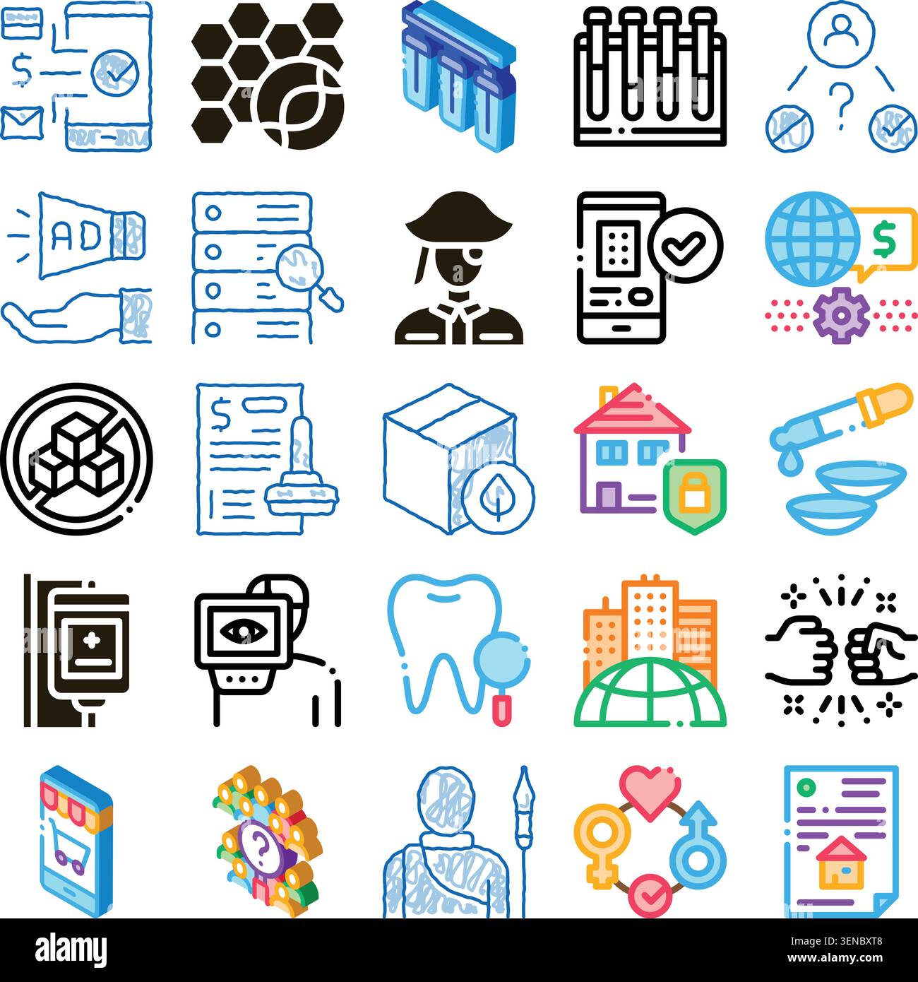 Verschiedene lineare Symbole im Doodle-Stil, die eine breite Palette abstrakter Konzepte darstellen, einschließlich Anwendungen, Daten, medizinische Versorgung, Umgebung, soziales Informationssystem Stock Vektor