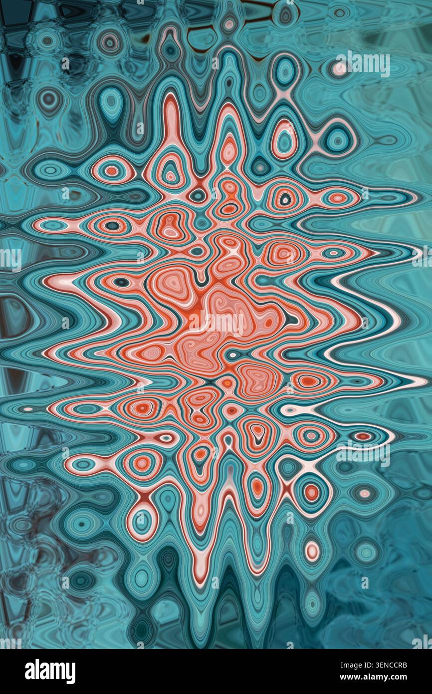 Abstrakte fließende Kunst mit radialem Burst-Muster in Korallenorange und Petrol Blautönen Vollrahmen Textur schöne Kunst Hintergrund dekorativ Stockfoto