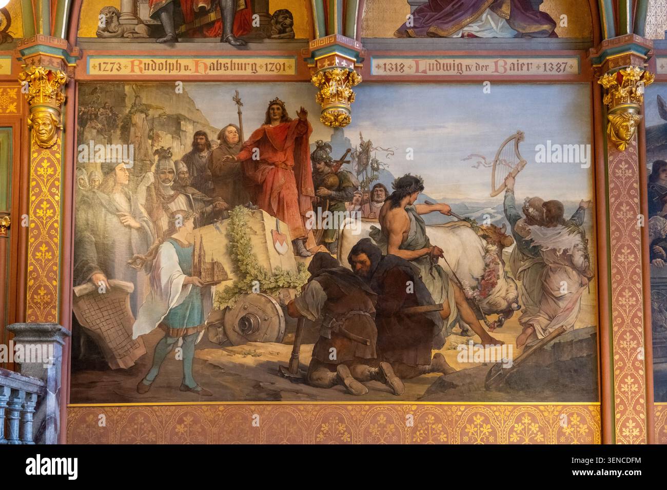 Königswinter, Deutschland - 22. Februar 25: Großes historisches Wandgemälde auf einer Innenwand von Schloss Drachenburg in Königswinter. Stockfoto