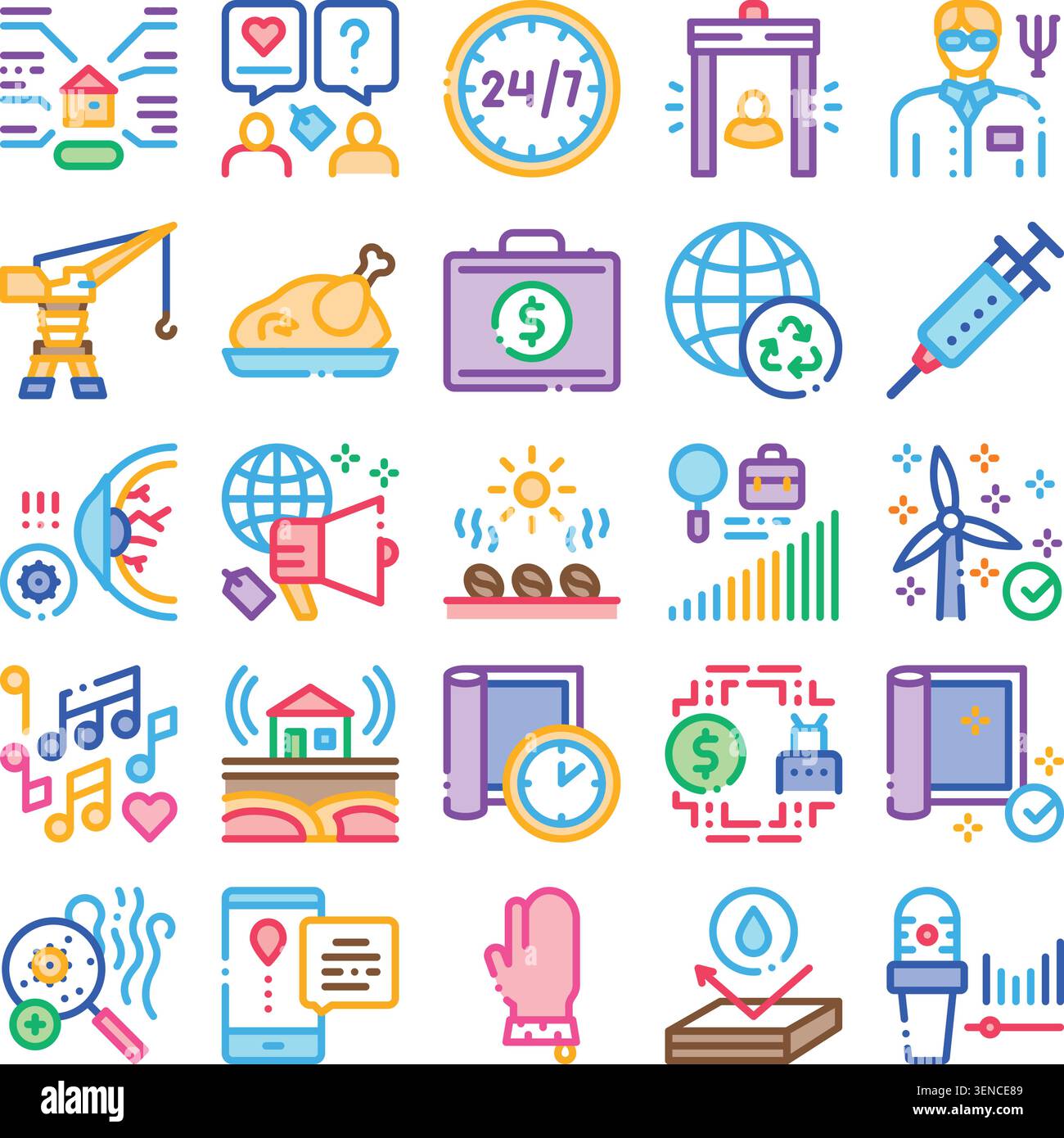Vektorillustration mit verschiedenen detaillierten linearen Symbolen, die verschiedene Aspekte von Geschäft, Technologie, sozialen Konzepten und Alltag darstellen Stock Vektor