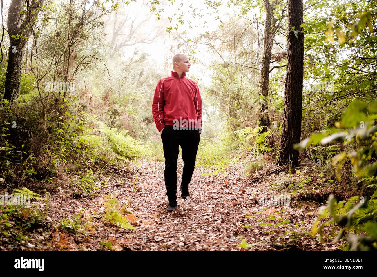 Mann in roter Jacke, der auf einem mit Blättern bedeckten Weg in einem Wald läuft Stockfoto