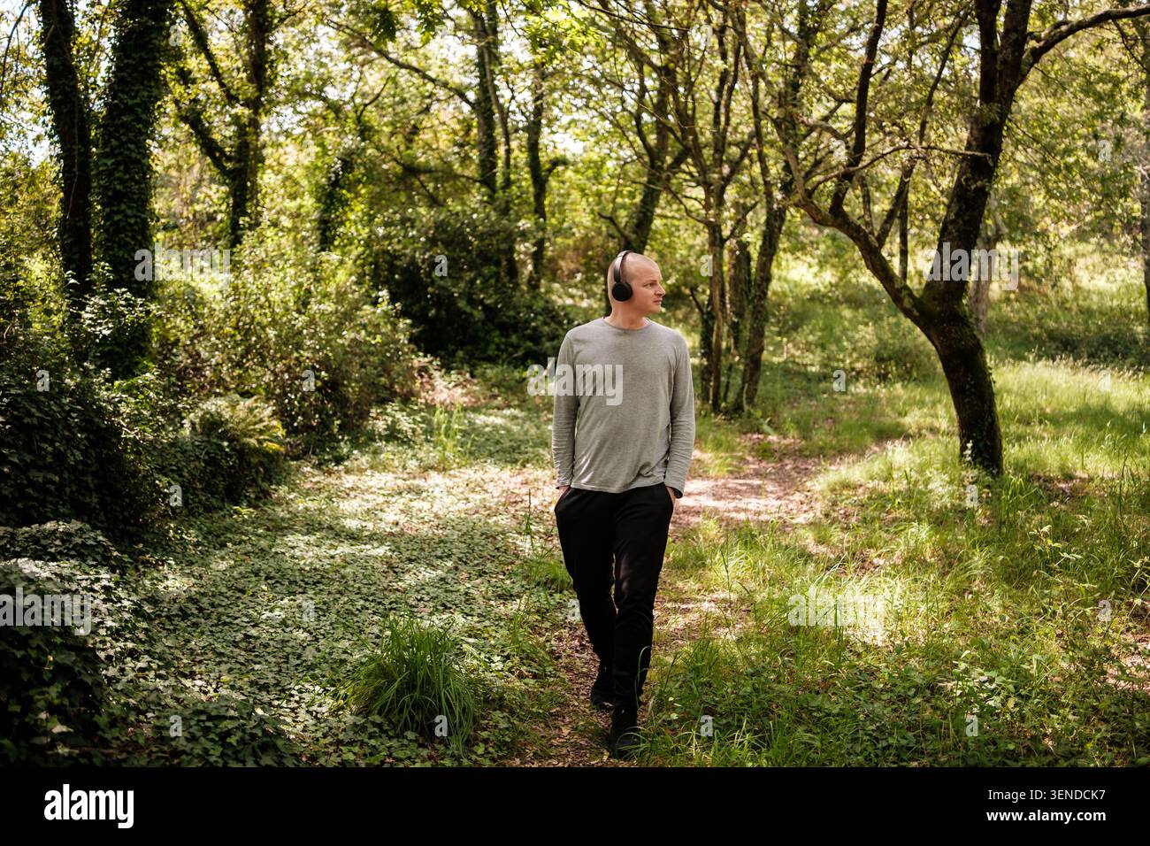 Mann mit Kopfhörern, der auf einem Weg in einem grünen, sonnigen Wald läuft Stockfoto