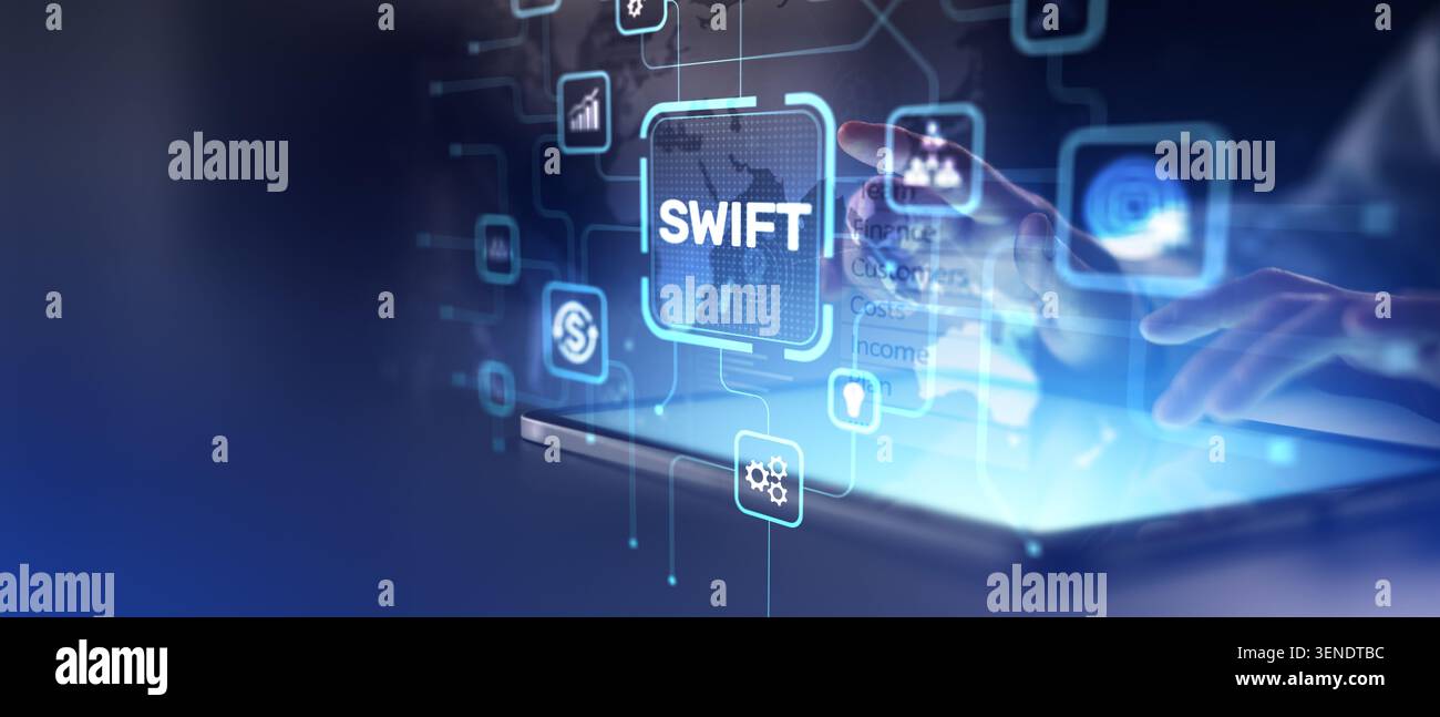 SCHNELLES Finanznachrichtenetzwerk für globales Banking und sichere Transaktionsverarbeitung mit Touch-Oberfläche Stockfoto