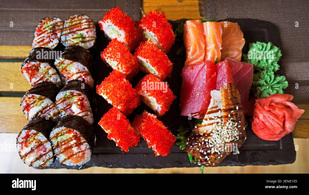Japanisches Essen farbenfrohe Sushi Harmony für Hintergrund und Multimedia-Nutzung Stockfoto