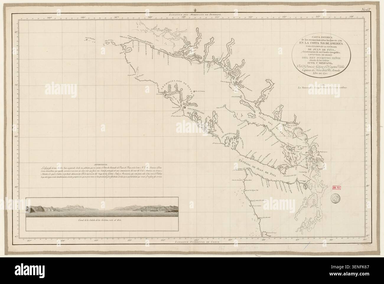 Dionisio Galiano schuf 1795 eine gravierte Karte mit Vermessungen, die 1792 an der Nordwestküste Amerikas durchgeführt wurden, um die Juan de Fuca-Straße und ihre schiffbaren Kanäle zu untersuchen, einschließlich der Küsten von Vancouver Island und der Straße von Queen Charlotte. Stockfoto