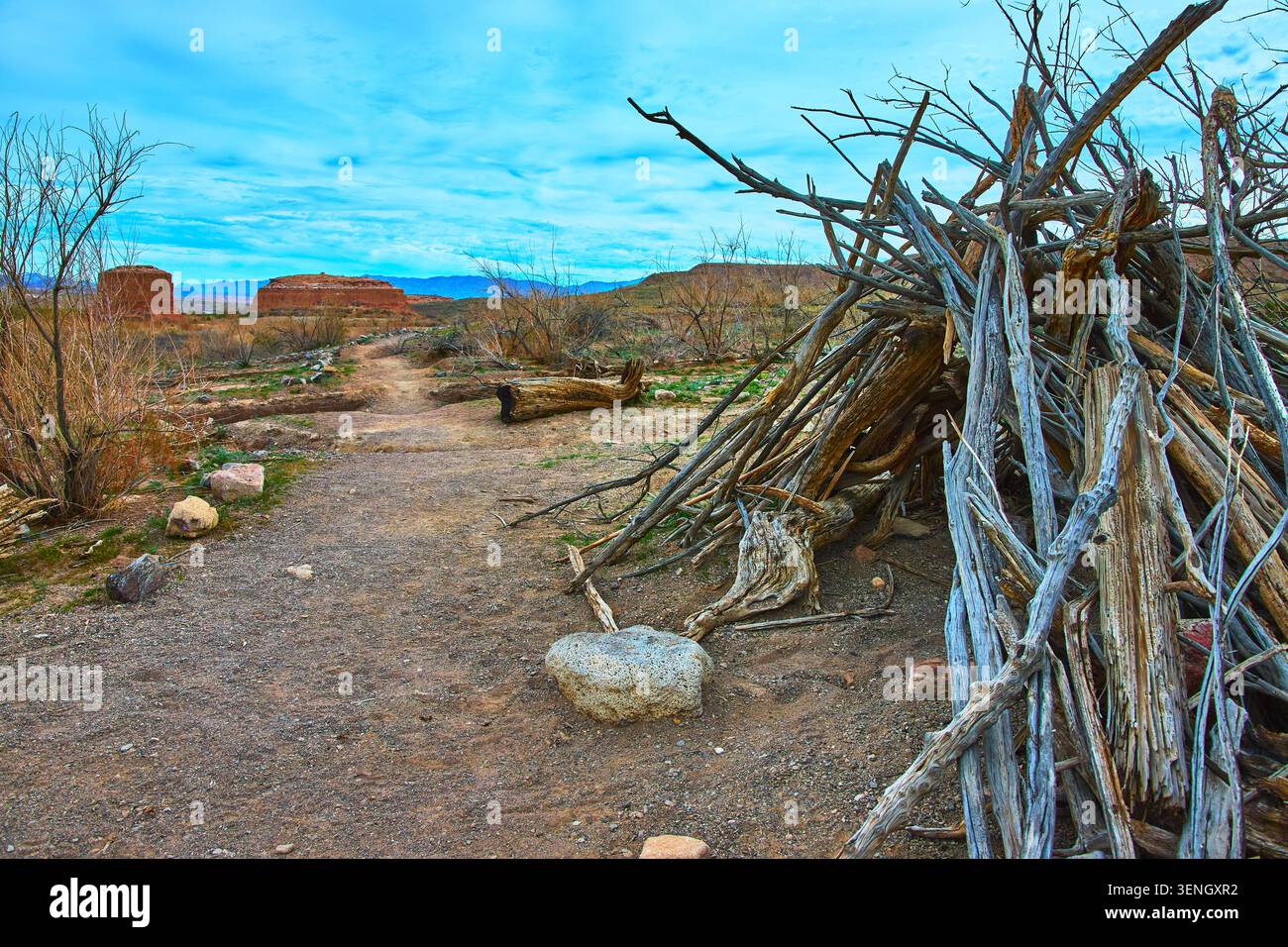 Lake Mead Shoreline Trail Driftwood Hut und Desert Buttes in Nevada Stockfoto