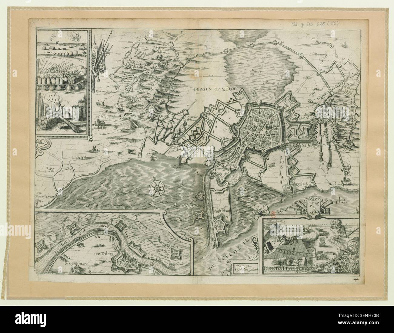 Der Plan von Bergen op Zoom erfasst die befestigte Stadt während einer Belagerung im Jahr 1622. Diese gravierte Karte zeigt militärische Positionen und Verteidigungswerke im Zusammenhang mit Operationen um Bergen op Zoom und ist Teil der Militärkartographie des frühen 17. Jahrhunderts in den Niederlanden. Stockfoto
