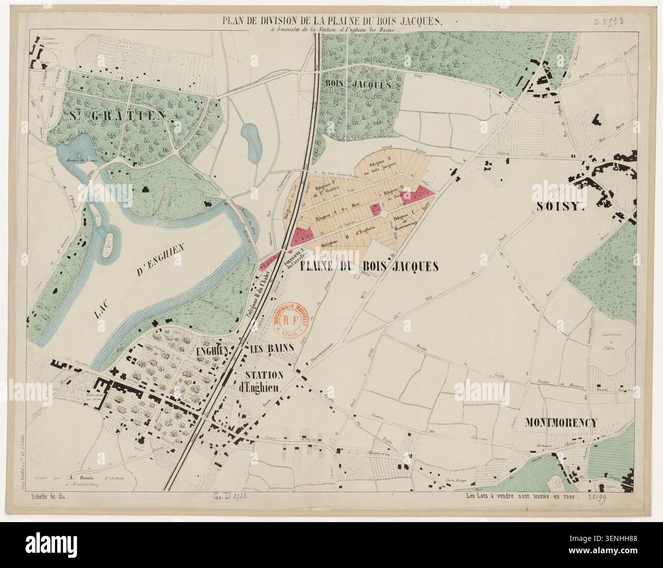 A. Ponsin erstellte 1861 eine Karte, die die Teilung der Bois-Jacques-Ebene bei Enghien-les-Bains zeigt, einschließlich Grundstücke und Grundrisse für Planungs- und topografische Zwecke. Stockfoto