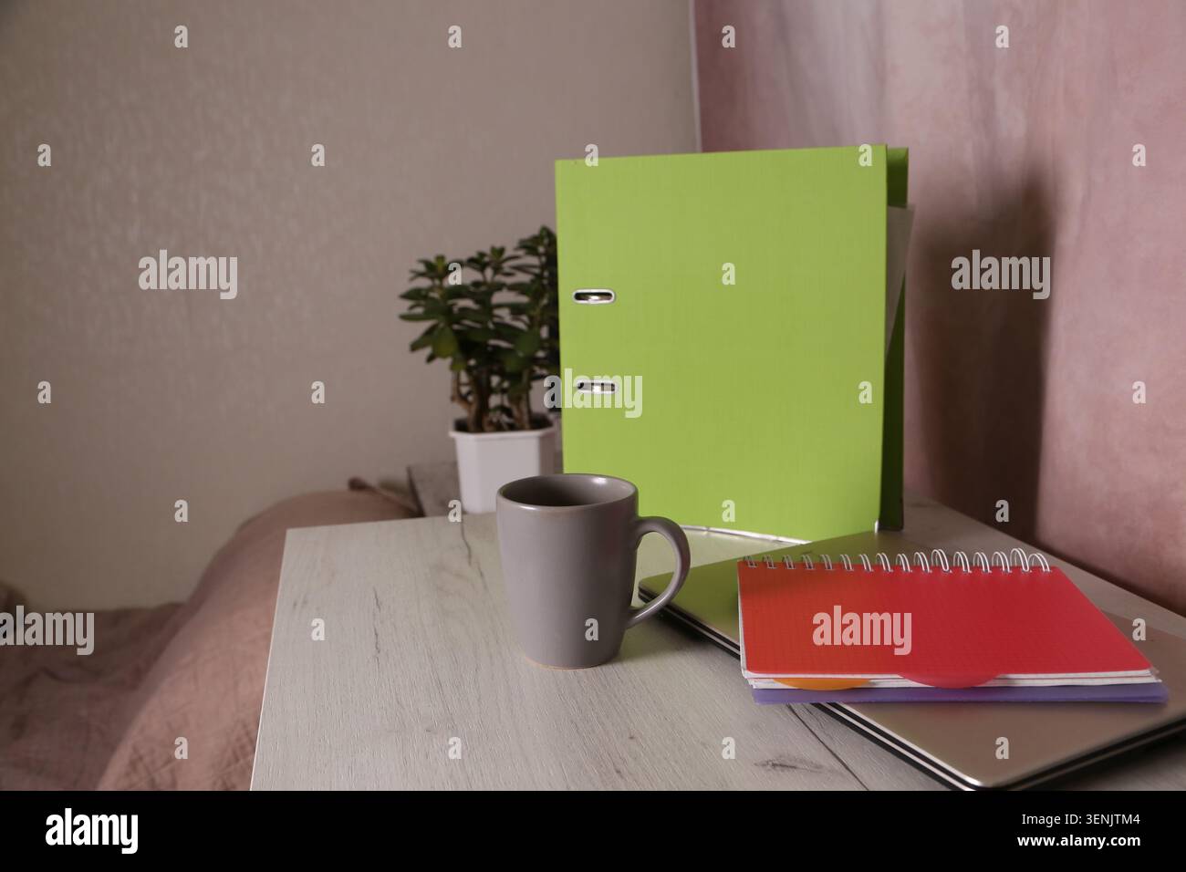 Eine grüne Mappe befindet sich auf einem Holztisch neben einem bunten Notizbuch und einem grauen Becher. Eine kleine Pflanze ist in der Nähe. Am Nachmittag ist das Licht weich und warm. Stockfoto