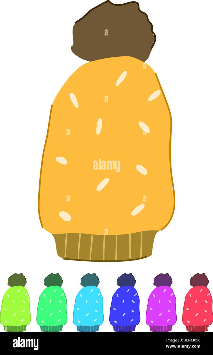 Lässige Wintermütze gestrickt Cartoon. Ripp Grob, Wollfleece, Alpaka Merino Slouchy Winter Hut Strick Zeichen Vektor Stock Vektor