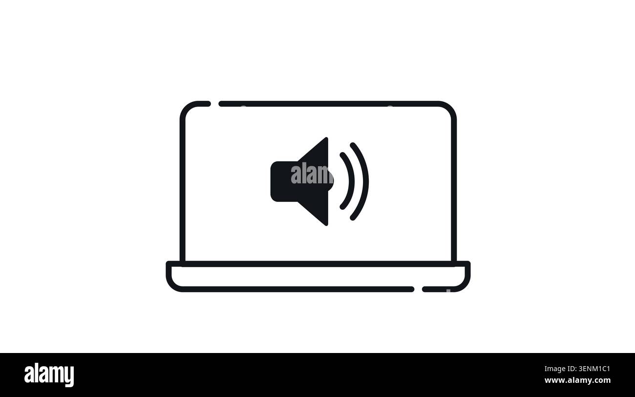 Laptop-Audio- und -Sound-Symbol: Tragbarer Notebook-Computer mit aktivem Symbol für die Lautsprecherlautstärke auf dem Bildschirm, minimalistische schwarze Linien-Vektor-Illustrationen Stock Vektor