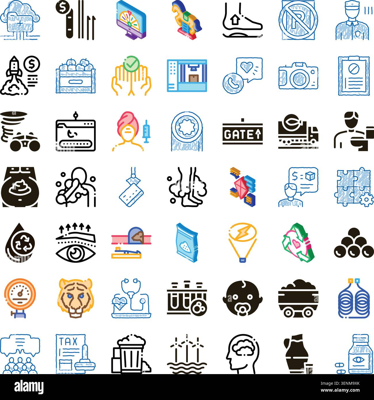 Verschiedene grafische Design-Symbole, die eine Vielzahl von Konzepten, einschließlich Business, veranschaulichen. Gesundheit. Technologie. Und der Industrie. In beiden dargestellt Stock Vektor