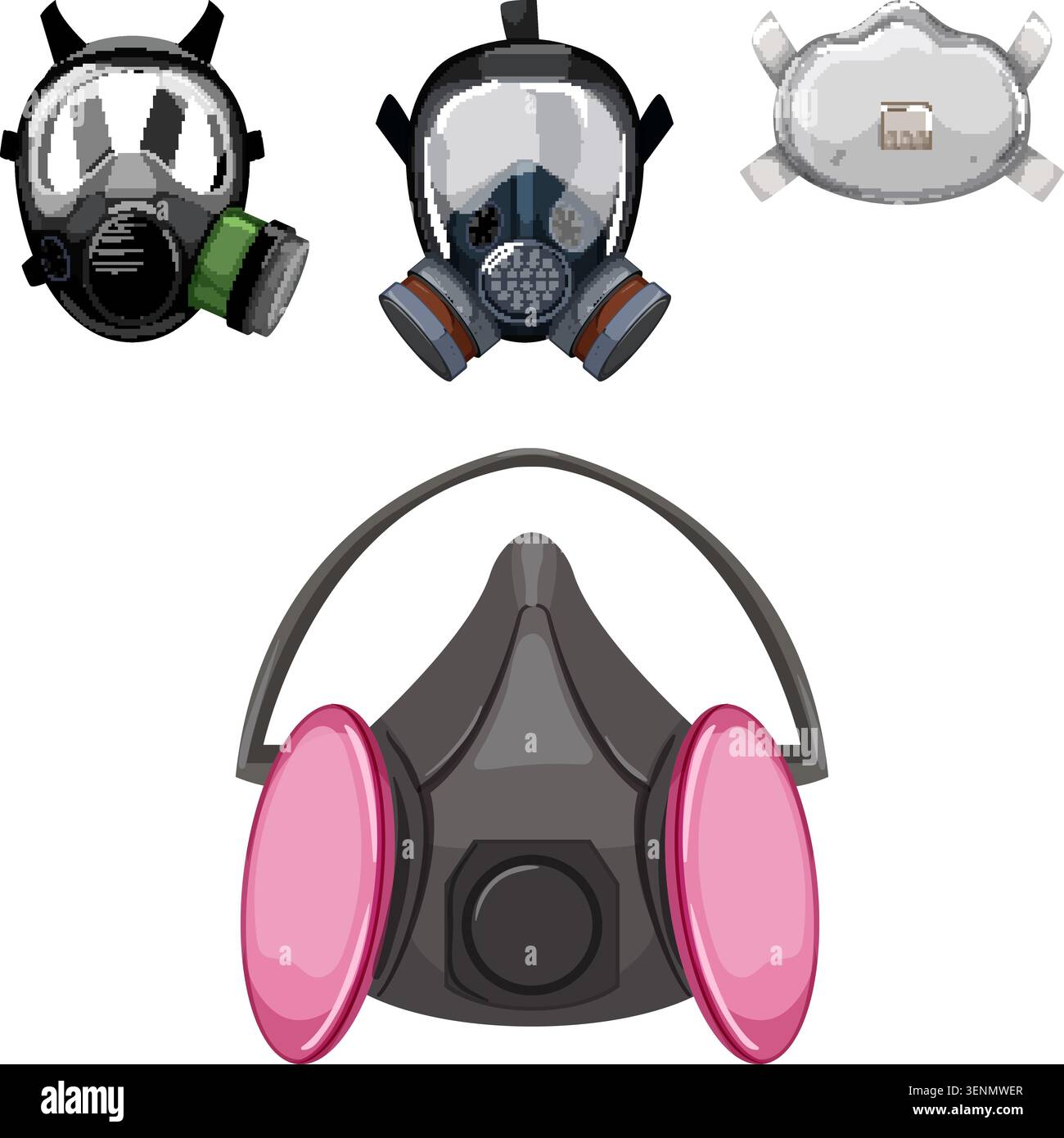 Verschiedene Atemschutzmasken und Gasmasken auf weißem Hintergrund mit verschiedenen Designs und Filtern zum Schutz vor Staub, Chemikalien und Poll Stock Vektor