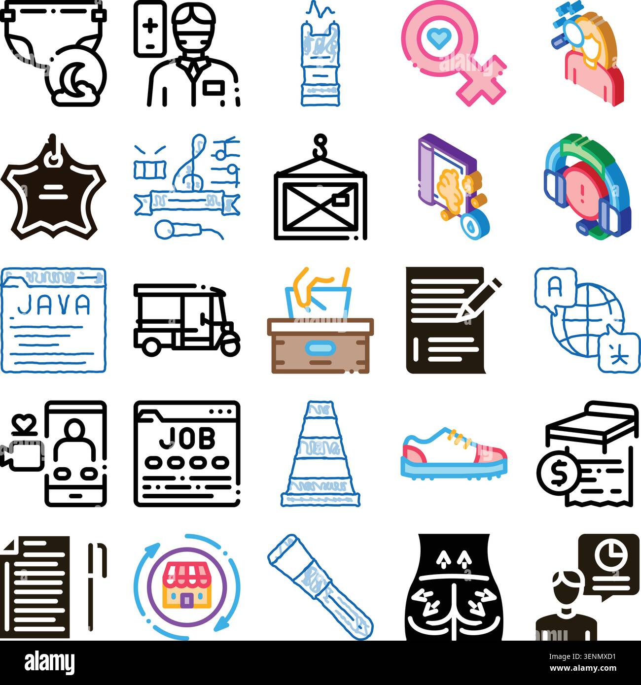 Set aus verschiedenen linearen und Glyphen isometrischen Symbolen, die verschiedene Konzepte wie Gesundheit, Arbeit, Freizeit, Technologie, Unternehmen, und soziale Fragen, A Stock Vektor