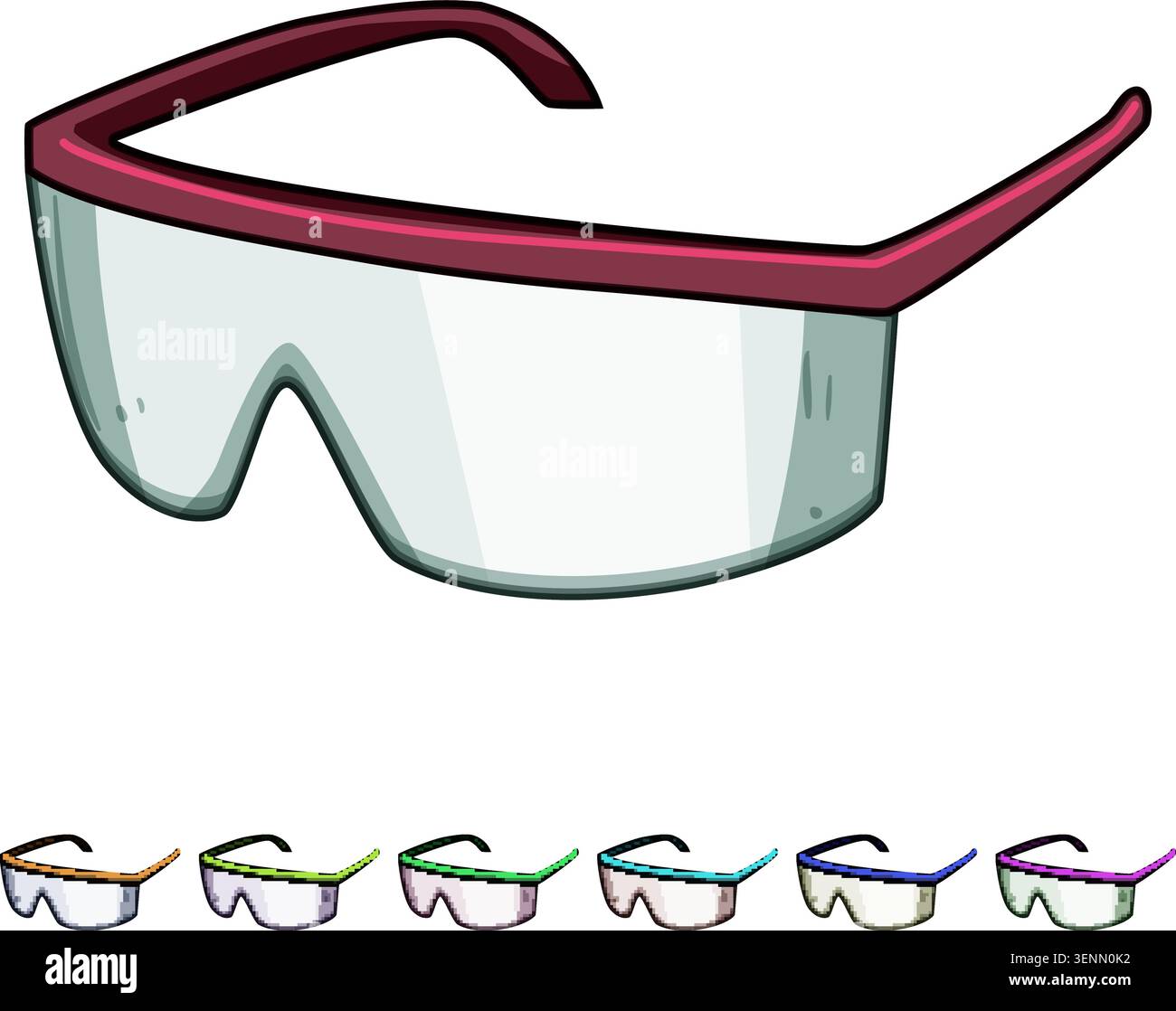 Schutzbrille mit violettem Rahmen und klaren Gläsern, die persönliche Schutzausrüstung darstellen, die für Gesundheit, Arbeit, Wissenschaft und Schutz in entscheidend ist Stock Vektor