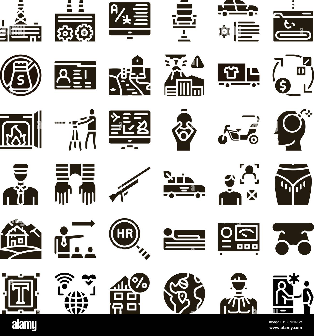 Sammlung zahlreicher Glyphe-Symbole für verschiedene Konzepte, Dienstleistungen und Branchen, einschließlich Fertigung, Technologie, Personal, Logis Stock Vektor