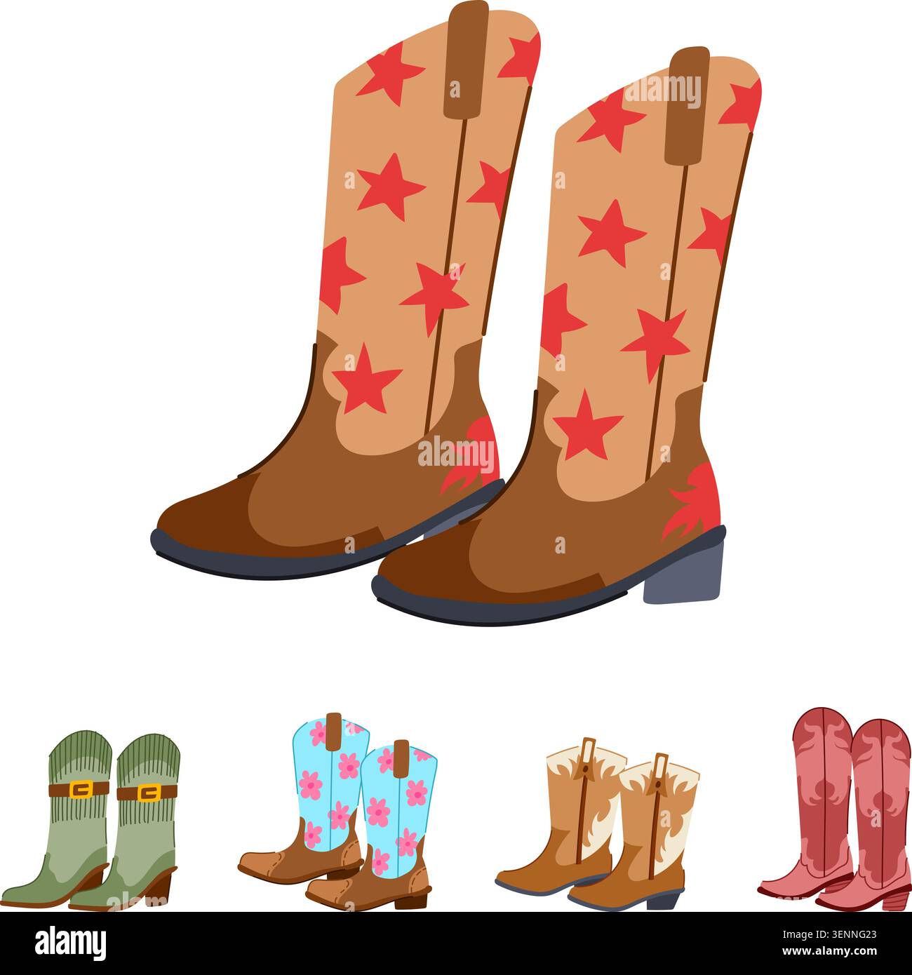 Kollektion mit verschiedenen Stiefeln, darunter klassische Cowboystile, westliche Schuhe mit Stern- und Blumenmuster sowie andere Freizeitschuhe Stock Vektor