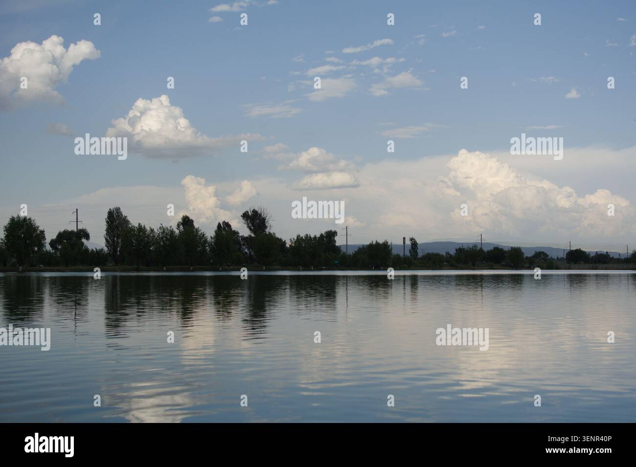 Friedlicher See mit verstreuten Wolken und Bäumen an einem ruhigen Tag mit klarem blauem Himmel und fernem Horizont unter weichem natürlichem Tageslicht. Stockfoto