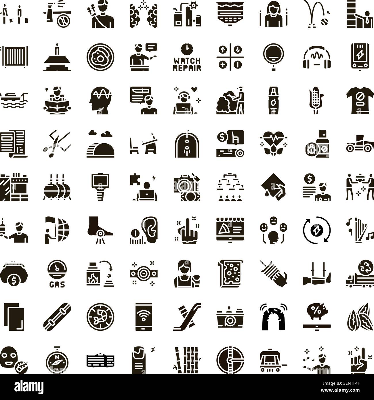 Sammlung minimalistischer schwarz-weißer Glyphen-Symbole, die verschiedene Dienstleistungsbranchen und professionelle Reparatur, Finanzen, Gesundheitswesen, Bildungswesen repräsentieren Stock Vektor