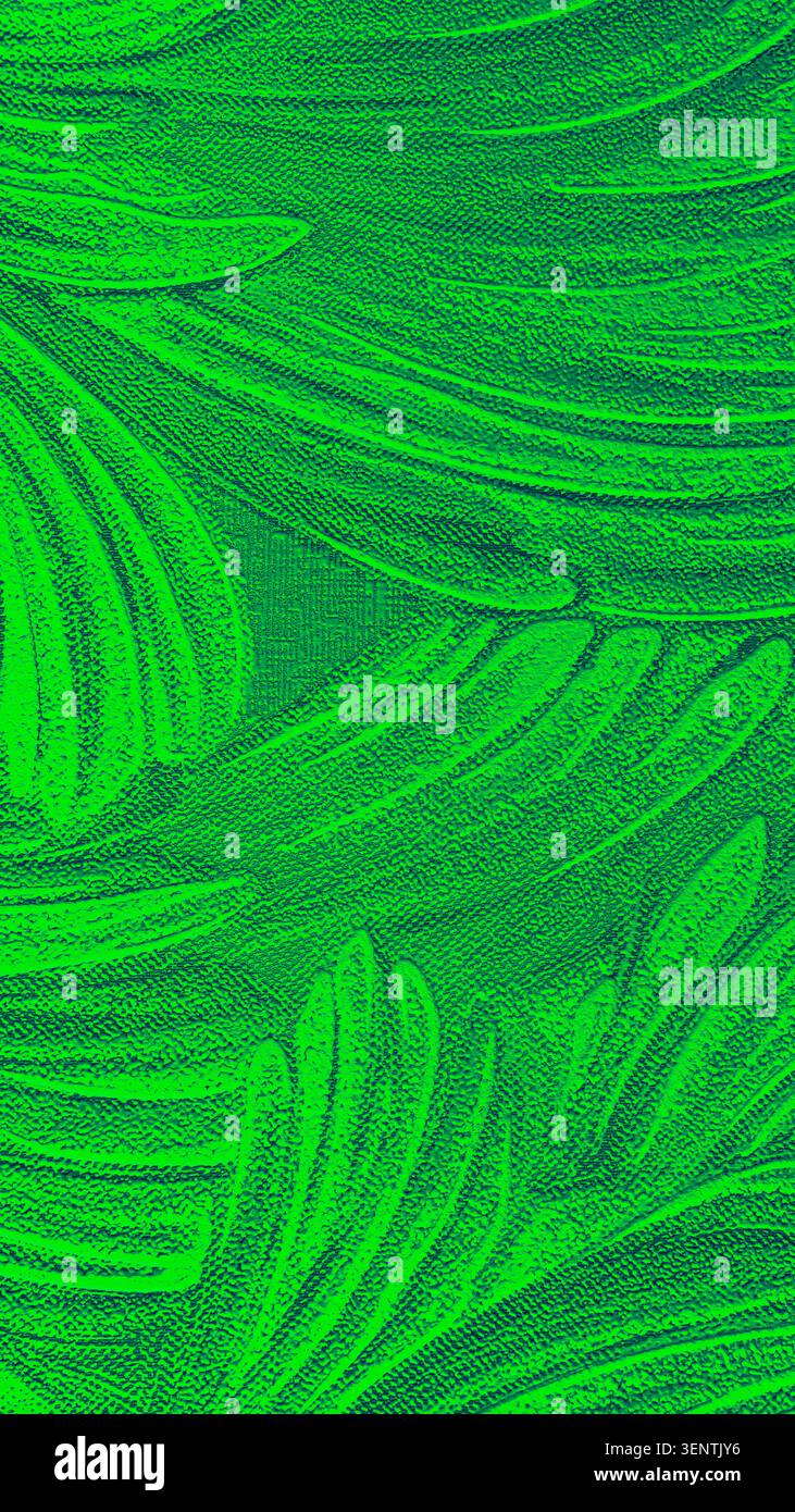 Grüne abstrakte Textur mit fließenden, von Blättern inspirierten Mustern und dimensionalem Relief. Vertikaler Premium-8K-Hintergrund für Smartphone-Hintergrundbilder Stockfoto
