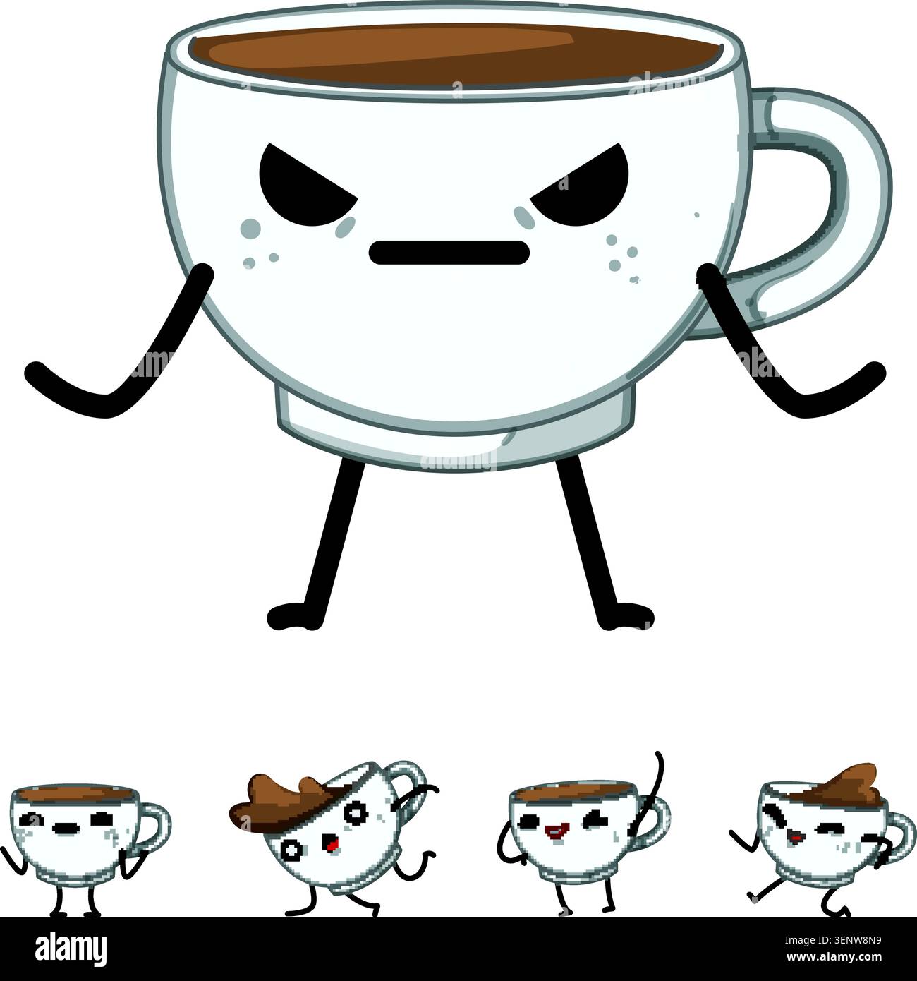 Wütende Kaffeetasse dominiert die Szene mit einer Reihe kleinerer ausdrucksstarker Becher-Charaktere, die Glück, Überraschung und spielerische Bewegungen auf wh zeigen Stock Vektor