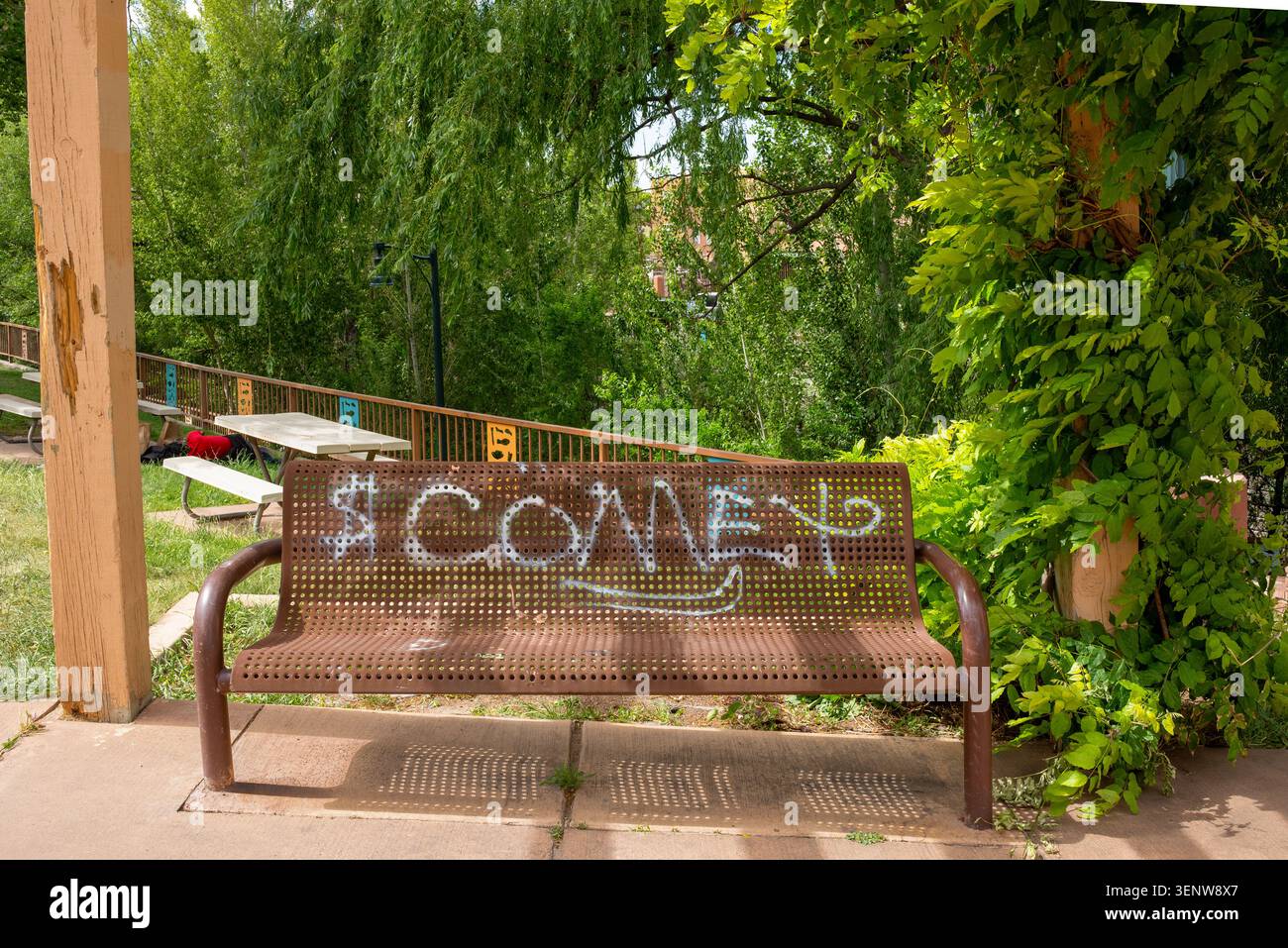 Graffitti, der '$ Comey' in Sprühfarbe auf einer Parkbank in einem Stadtpark entlang des Santa River liest, der durch Santa Fe, New Mexico, USA führt. Stockfoto