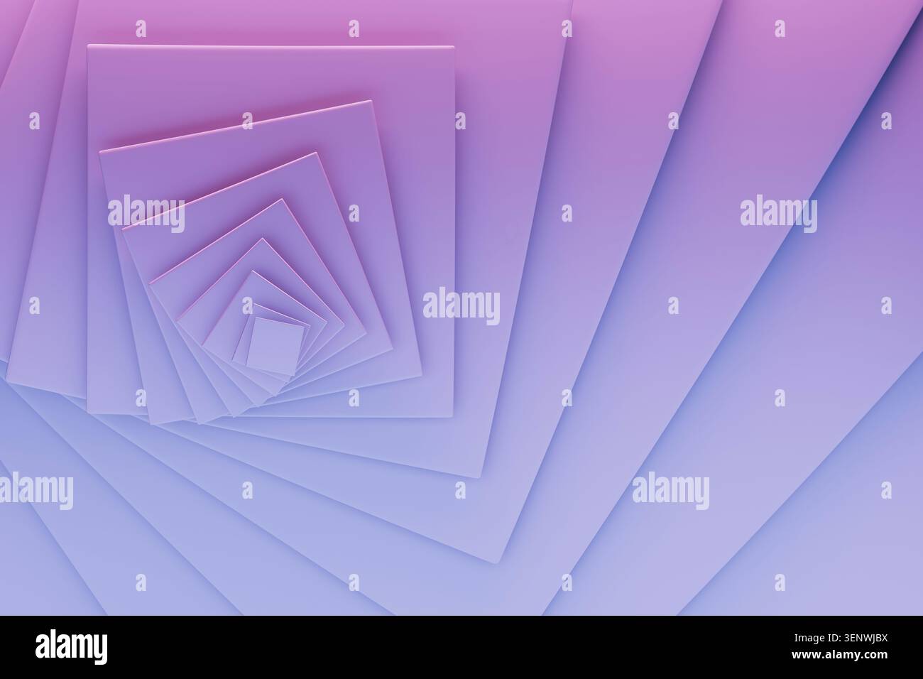 Weiche Lavendelquadrate nisten konzentrisch in einem hypnotischen Tunnel, sanfte Steigungen. Abstrakter geometrischer Hintergrund, Spiralmuster. Für Meditations-Apps, Stockfoto