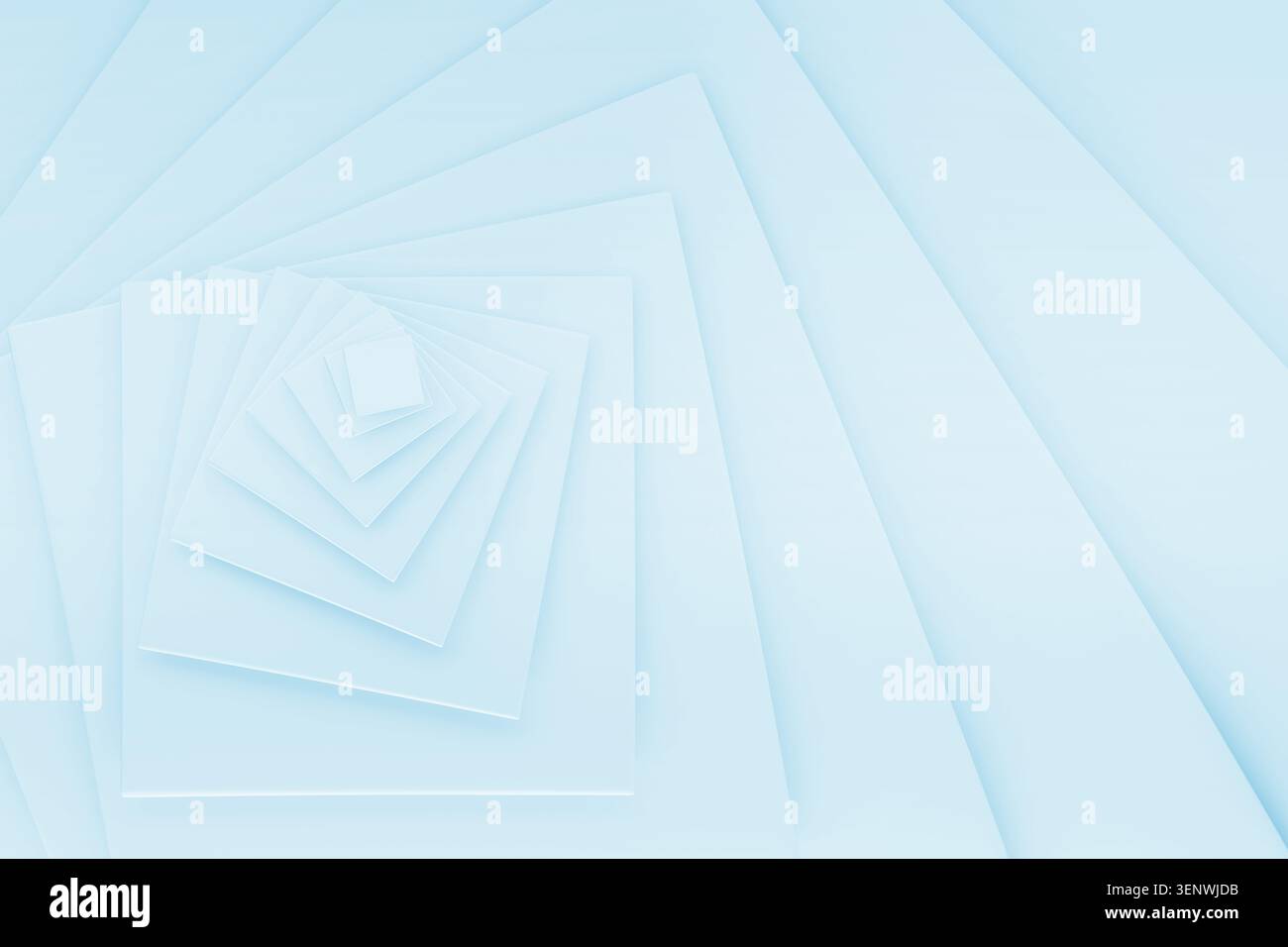 Minimalistische blaue Quadrate spiralisieren sich in hypnotischer Perspektive nach innen und strahlen ruhige Offenheit und matte Eleganz aus. Abstrakter geometrischer Hintergrund, Swirl p Stockfoto